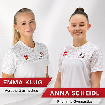 Emma Klug (Aerobic Gymnastics) und Anna Scheidl (Rhythmische Gymnastik) vor grauem Hintergrund